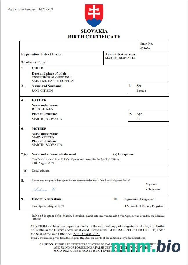 Slovakia narodziny certyfikat Word i PDF szablon
